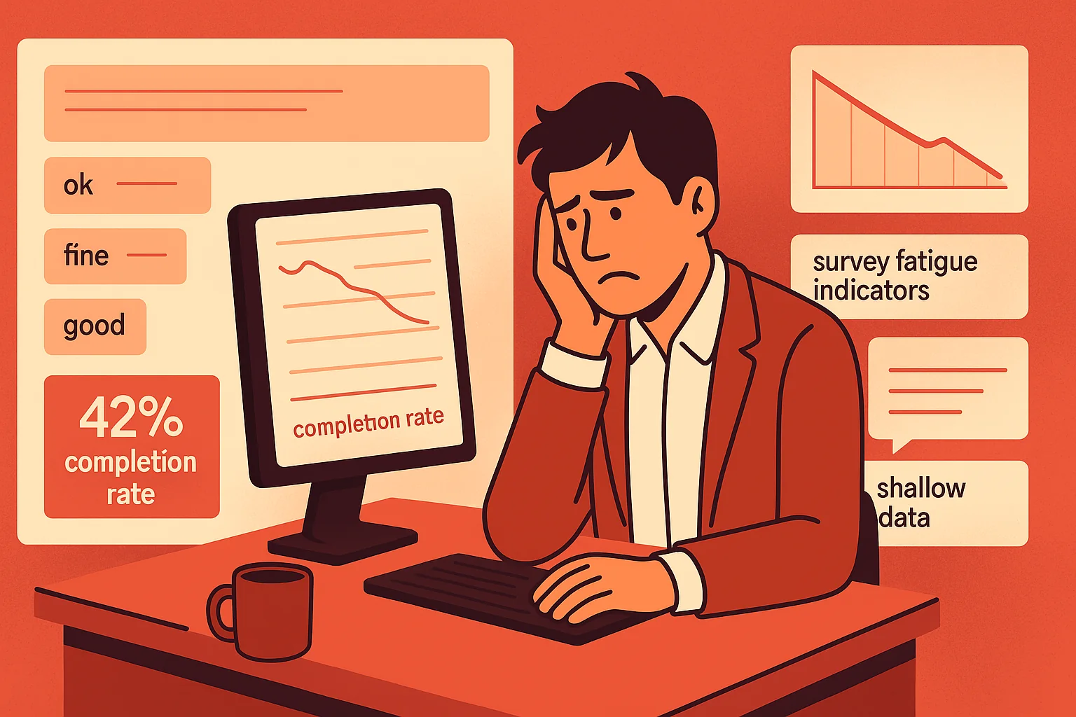 Survey problems: Stressed researcher frustrated with shallow survey data, low completion rates, and meaningless one-word responses